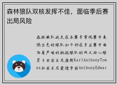 森林狼队双核发挥不佳，面临季后赛出局风险